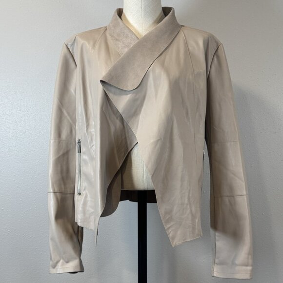 Bagatelle Womens Size L Beige Faux Leather Draped Jacket Open Front Long Sleeve - Picture 3 of 16
